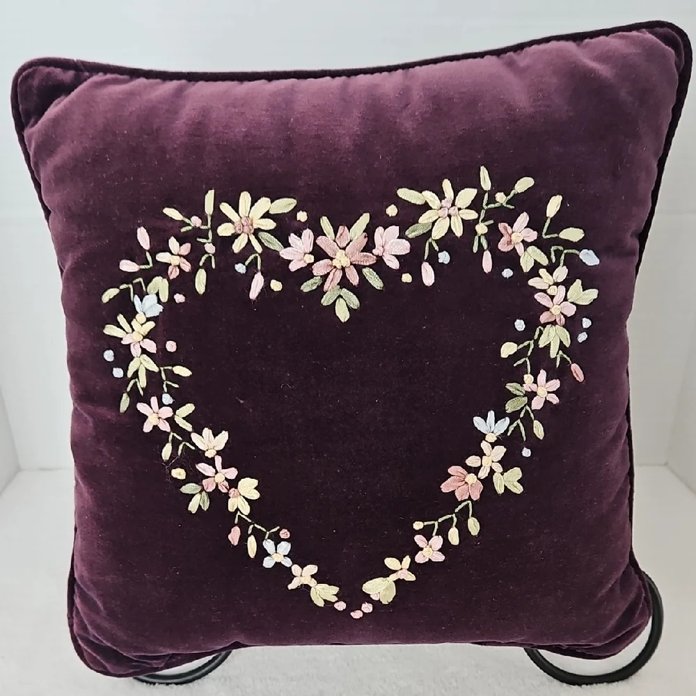 Embroidered Satin Ribbon Floral Heart Purple Velveteen Accent Pillow